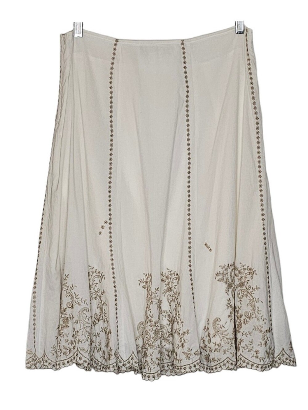 Tango Mango Bone White Cotton Lined Swing Midi Skirt w Beige Embroidery sz Large